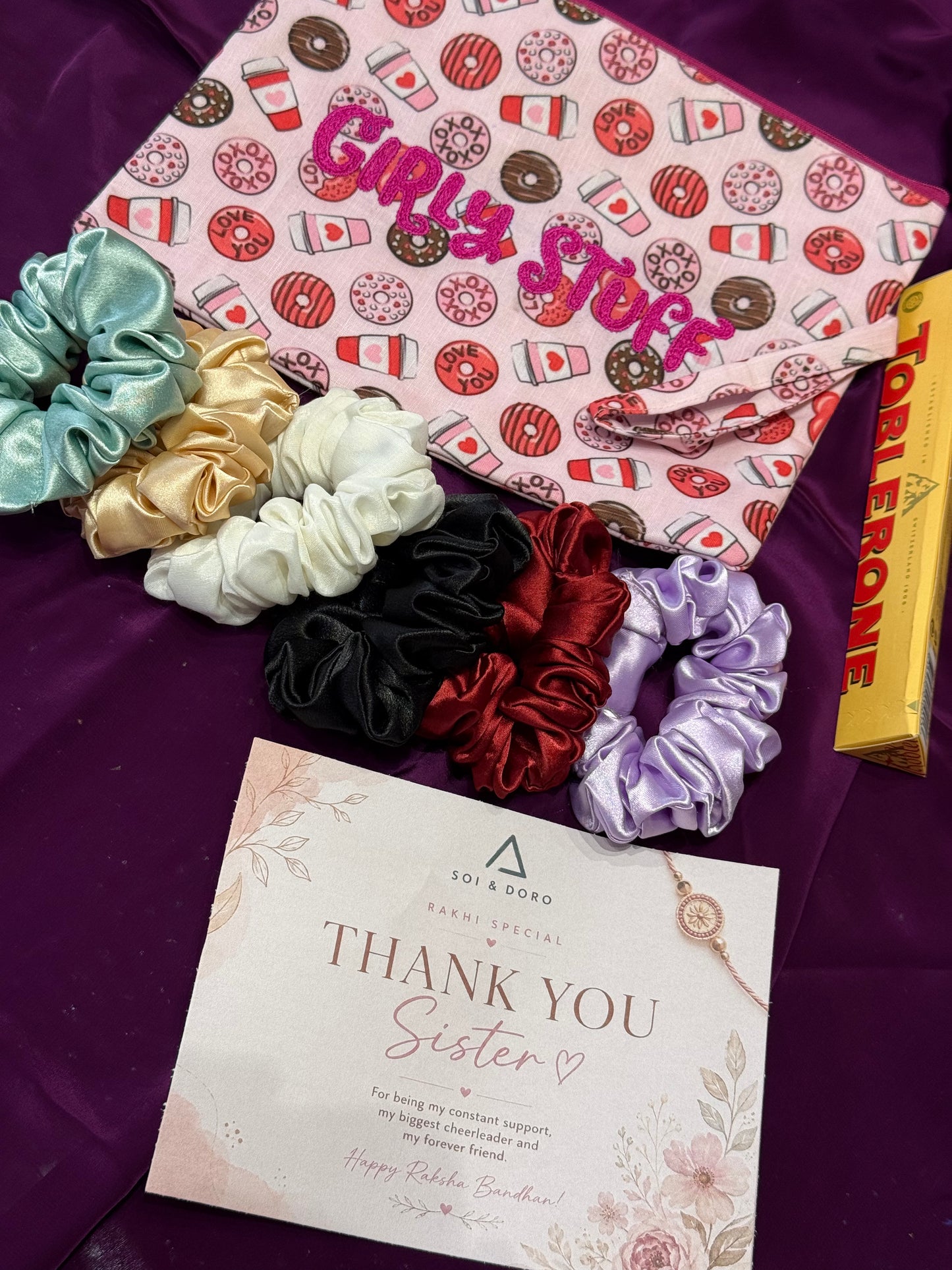 Satin Scrunchies, Pouch, Rakhi & Toblerone Luxe Box