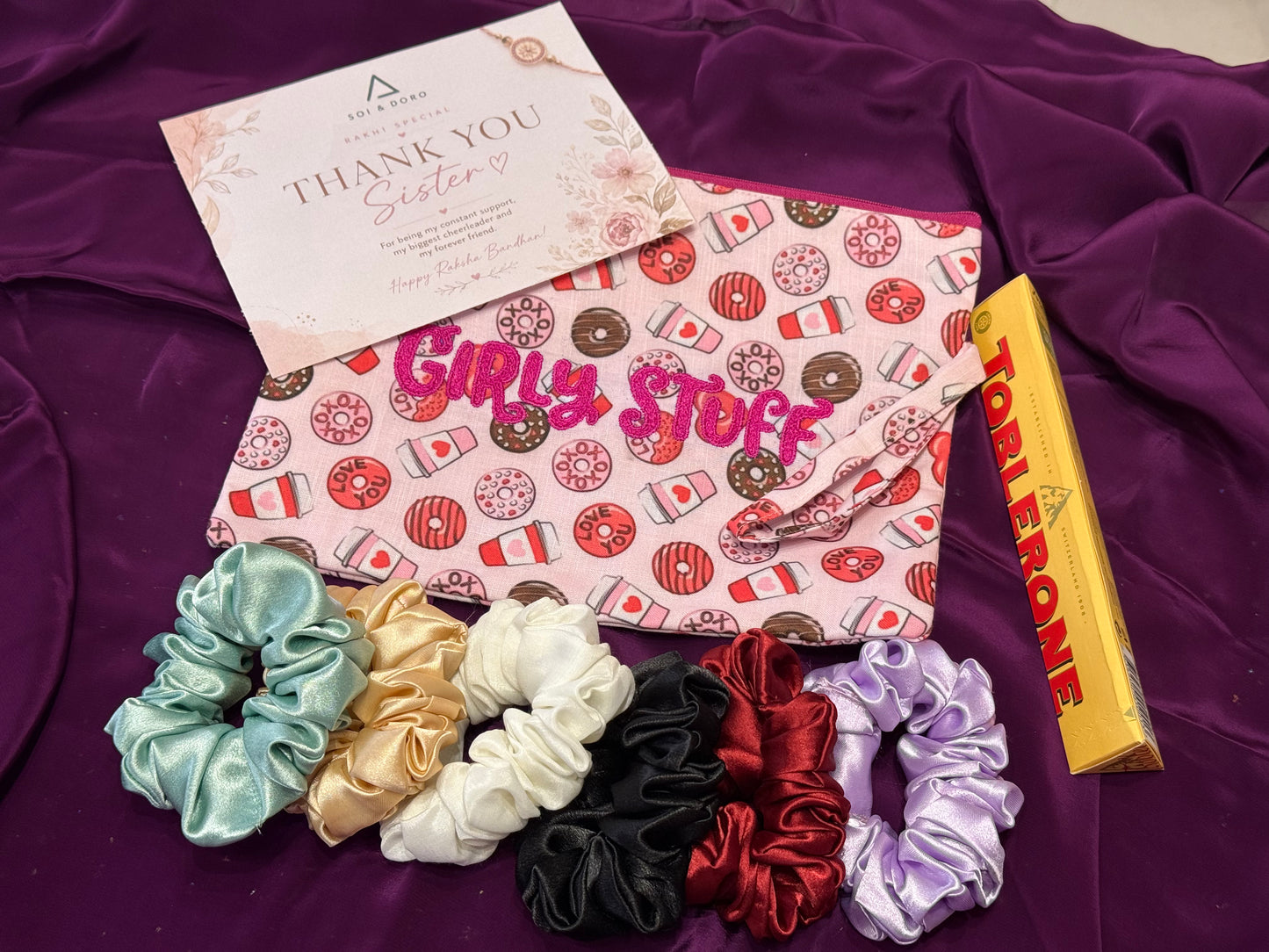 Satin Scrunchies, Pouch, Rakhi & Toblerone Luxe Box