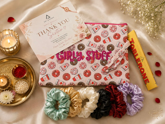 Satin Scrunchies, Pouch, Rakhi & Toblerone Luxe Box
